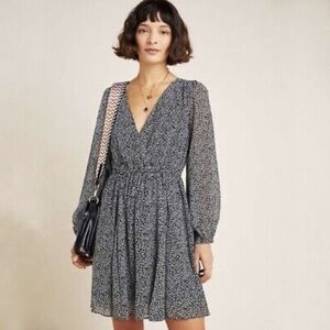 Maeve Anthropologie Black White Ditsy Floral Long Sleeve Mini Dress XS